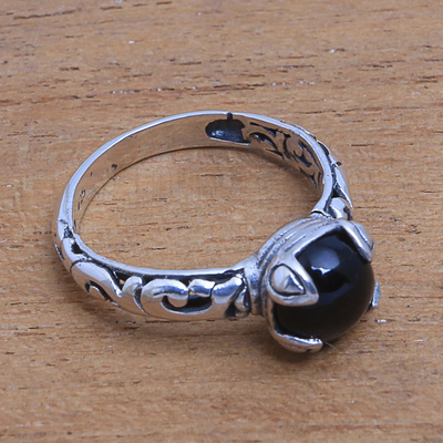Onyx single stone ring, 'Temple Heirloom' - Black Onyx Single Stone Ring Crafted in Bali