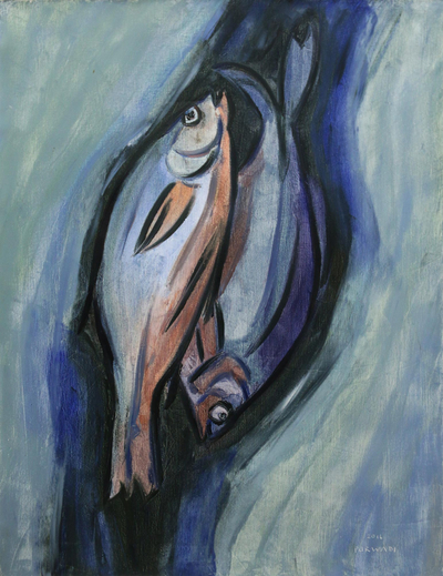 'Fishes' - Signed Expressionist Painting of Two Fish from Bali