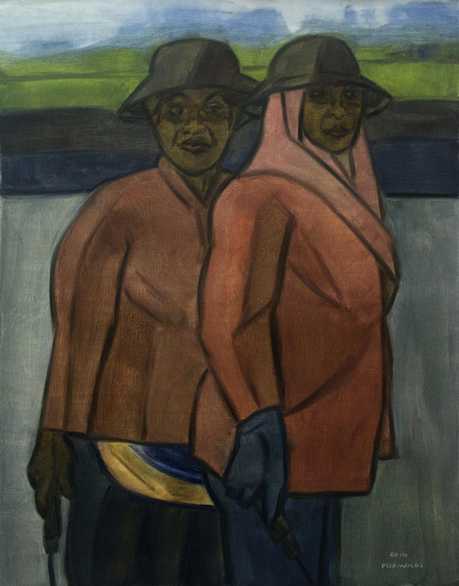 Signed Expressionist Painting Of Two Farming Women From Bali Two   P348468 2a 