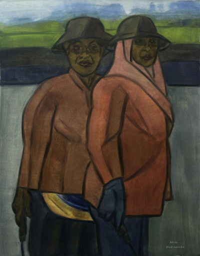 'Two Farmers' - Pintura expresionista firmada de dos campesinas de Bali