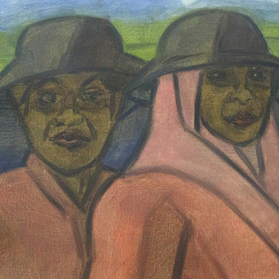 'Two Farmers' - Signiertes expressionistisches Gemälde von zwei Bäuerinnen aus Bali