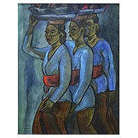 'Junjung Banten' - Pintura expresionista firmada de tres mujeres de Bali