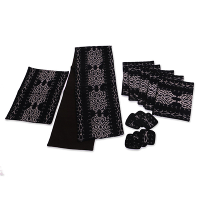Ikat cotton table linen set, 'Charcoal Beauty' (set for 6) - Ikat Cotton Table Linen Set in Charcoal (Set for 6)