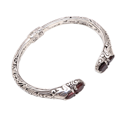 Garnet cuff bracelet, 'Elephant's Treasure' - Garnet and Sterling Silver Elephant Motif Cuff Bracelet