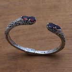 Garnet cuff bracelet, 'Elephant's Treasure' - Garnet and Sterling Silver Elephant Motif Cuff Bracelet