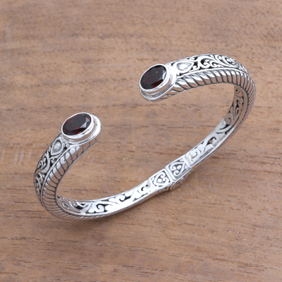 Garnet cuff bracelet, 'Treasure Trove' - Garnet Sterling Silver Scroll and Rope Motif Cuff Bracelet