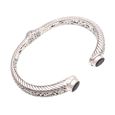 Garnet cuff bracelet, 'Treasure Trove' - Garnet Sterling Silver Scroll and Rope Motif Cuff Bracelet