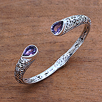 Amethyst cuff bracelet, 'Garden at Twilight' - Amethyst Sterling Silver Floral Motif Cuff Bracelet