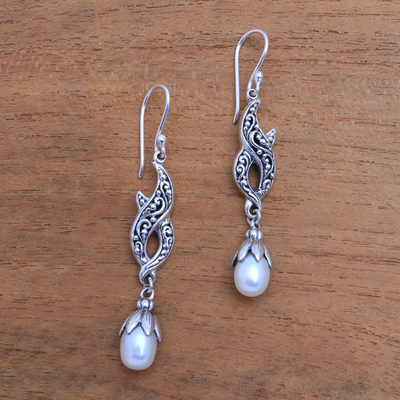 Cultured pearl dangle earrings, 'Double Tendrils' - Cultured Pearl and Sterling Silver Dangle Earrings from Bali