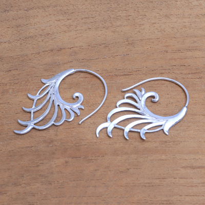 Sterling silver half-hoop earrings, 'Gleaming Garden' - Sterling Silver Flower and Leaf Motif Half-Hoop Earrings