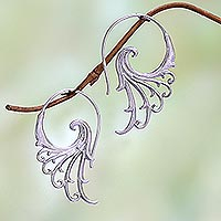 Sterling silver half-hoop earrings, 'Phoenix Wings' - Sterling Silver Elegant Feather Openwork Half-Hoop Earrings