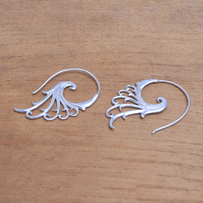 Sterling silver half-hoop earrings, 'Phoenix Wings' - Sterling Silver Elegant Feather Openwork Half-Hoop Earrings