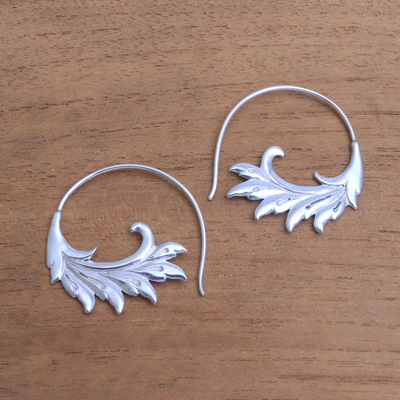 Sterling silver half-hoop earrings, 'Falling Feathers' - Sterling Silver Elegant Feather Motif Half-Hoop Earrings