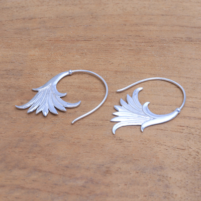 Sterling silver half-hoop earrings, 'Fan Bloom' - Sterling Silver Elegant Fan Flower Half-Hoop Earrings