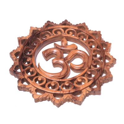 Wood relief panel, 'Omkara Blessing' - Om-Themed Suar Wood Relief Panel Crafted in Bali