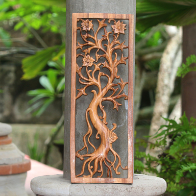 Wood relief panel, 'Ancient Frangipani' - Frangipani Flower Tree Suar Wood Relief Panel from Bali