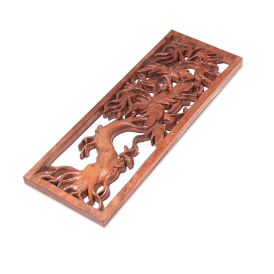 Wood relief panel, 'Righteous Tree' - Hand-Carved Tree-Themed Suar Wood Relief Panel from Bali