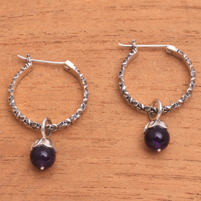 Amethyst hoop earrings, 'Budding Spirit' - Amethyst and Sterling Silver Floral Motif Hoop Earrings