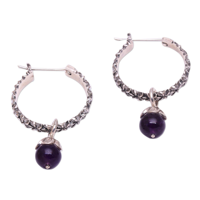 Amethyst hoop earrings, 'Budding Spirit' - Amethyst and Sterling Silver Floral Motif Hoop Earrings