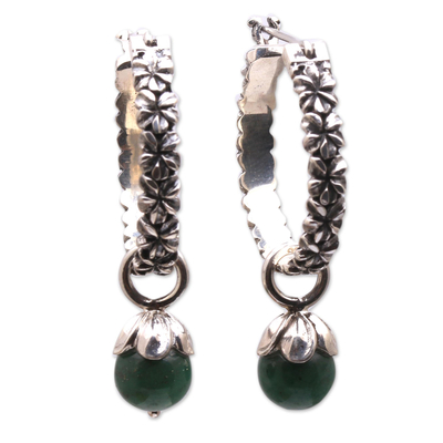 Aventurine hoop earrings, 'Budding Spirit' - Aventurine and Sterling Silver Floral Motif Hoop Earrings