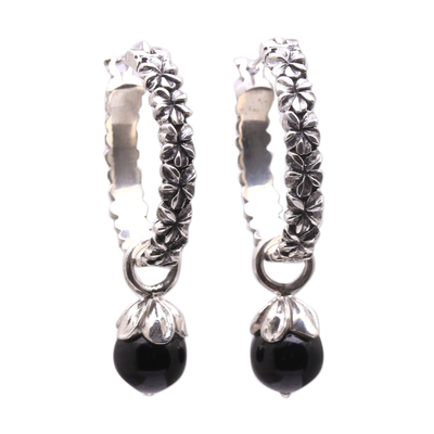 Onyx hoop earrings, 'Budding Spirit' - Onyx and Sterling Silver Floral Motif Hoop Earrings