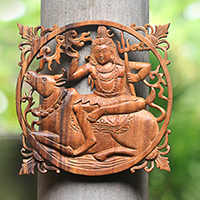 Wood relief panel, 'Shiva and Nandini' - Suar Wood Relief Panel of Shiva and Nandini from Bali