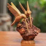 Wood sculpture, 'Hummingbird Couple' - Hand Carved Jempinis Wood Hummingbird Sculpture from Bali