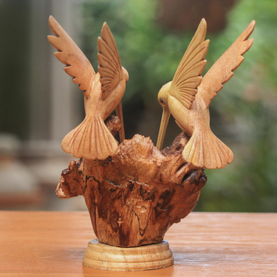 Wood sculpture, 'Hummingbird Couple' - Hand Carved Jempinis Wood Hummingbird Sculpture from Bali