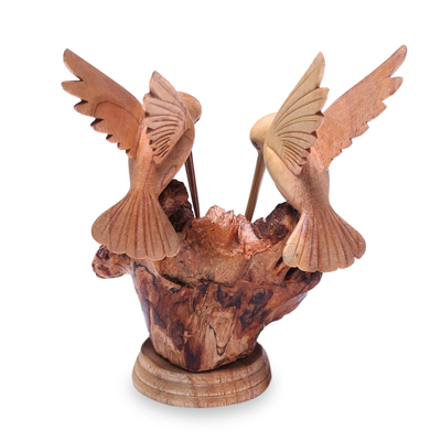 Wood sculpture, 'Hummingbird Couple' - Hand Carved Jempinis Wood Hummingbird Sculpture from Bali