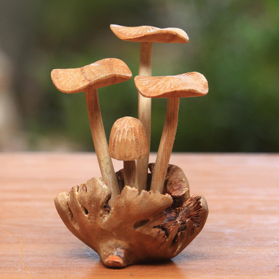 Wood figurine, 'Majestic Mushroom' (4.5 inch) - Jempinis and Benalu Wood Mushroom Figurine (4.5 in.)