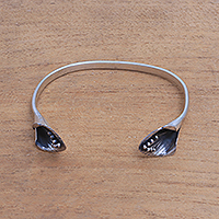 Sterling silver cuff bracelet, 'Floral Twins' - Sterling Silver Cuff Bracelet with Floral Ends from Bali