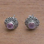 Amethyst stud earrings, 'God Eye' - Swirl Pattern Amethyst Stud Earrings from Bali