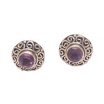 Amethyst stud earrings, 'God Eye' - Swirl Pattern Amethyst Stud Earrings from Bali