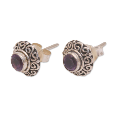 Amethyst stud earrings, 'God Eye' - Swirl Pattern Amethyst Stud Earrings from Bali