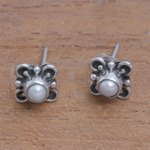 Cultured pearl stud earrings, 'Cute Glow' - Loop Motif Cultured Pearl Stud Earrings from Bali