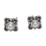 Cultured pearl stud earrings, 'Cute Glow' - Loop Motif Cultured Pearl Stud Earrings from Bali