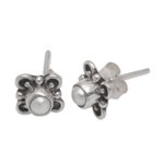 Cultured pearl stud earrings, 'Cute Glow' - Loop Motif Cultured Pearl Stud Earrings from Bali