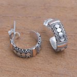 Gold accented sterling silver half-hoop earrings, 'Dotted Paths' - Circle Gold Accent Sterling Silver Half-Hoop Earrings