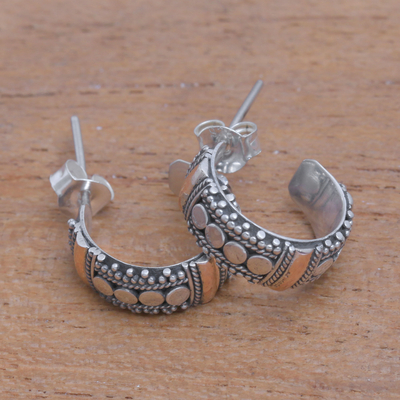 Gold accented sterling silver half-hoop earrings, 'Dotted Paths' - Circle Gold Accent Sterling Silver Half-Hoop Earrings
