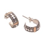 Gold accented sterling silver half-hoop earrings, 'Dotted Paths' - Circle Gold Accent Sterling Silver Half-Hoop Earrings