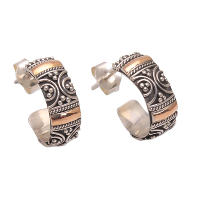 Gold accented sterling silver half-hoop earrings, 'Curling Paths' - Curl Pattern Gold Accent Sterling Silver Half-Hoop Earrings