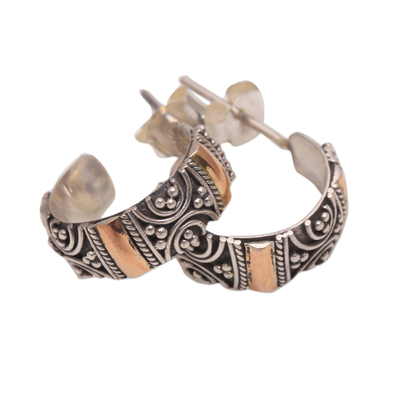 Gold accented sterling silver half-hoop earrings, 'Curling Paths' - Curl Pattern Gold Accent Sterling Silver Half-Hoop Earrings