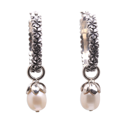 Cultured pearl dangle earrings, 'Budding Spirit' - Cultured Pearl Hoop Dangle Earrings from Bali
