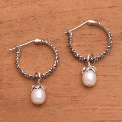 Cultured pearl dangle earrings, 'Budding Spirit' - Cultured Pearl Hoop Dangle Earrings from Bali