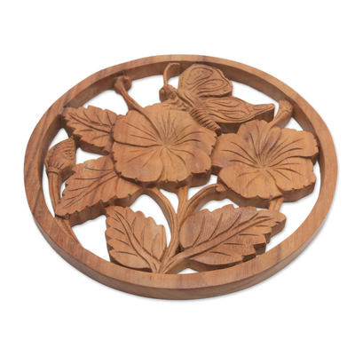 Wood relief panel, 'Butterfly on a Flower' - Floral Butterfly Suar Wood Relief Panel Crafted in Bali