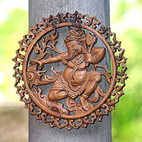 Wood relief panel, 'Powerful Ganesha' - Ganesha-Themed Suar Wood Relief Panel from Bali