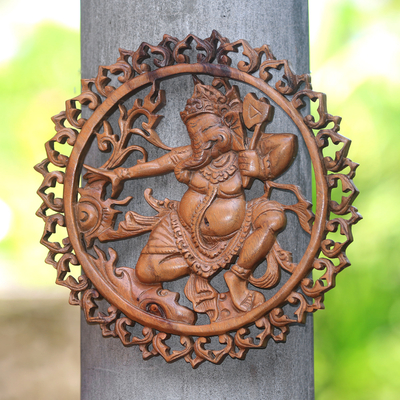 Ganesha-Themed Suar Wood Relief Panel from Bali - Powerful Ganesha