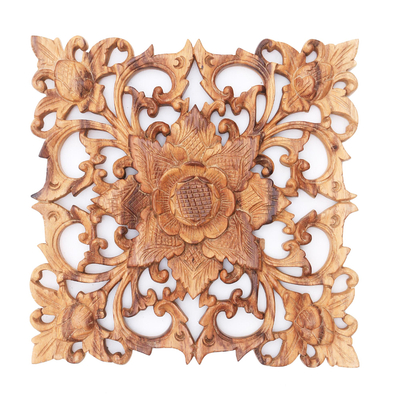 Wood relief panel, 'Floating Lotus' - Lotus Motif Suar Wood Relief Panel Crafted in Bali