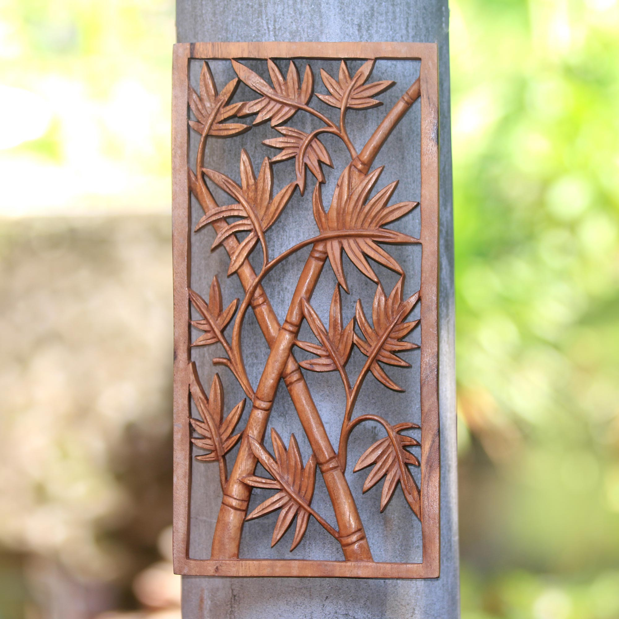 BambooThemed Suar Wood Relief Panel Crafted in Bali Bamboo Trees NOVICA