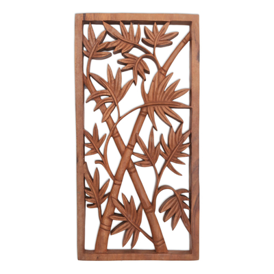 Wood relief panel, 'Bamboo Trees' - Bamboo-Themed Suar Wood Relief Panel Crafted in Bali